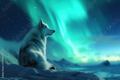 A Husky basking in the glow of the northern lights  its sleek fur shimmering with iridescent hues as it gazes up at the mesmerizing display 