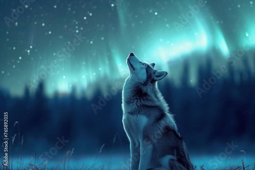 A Husky basking in the glow of the northern lights, its sleek fur shimmering with iridescent hues as it gazes up at the mesmerizing display, photo