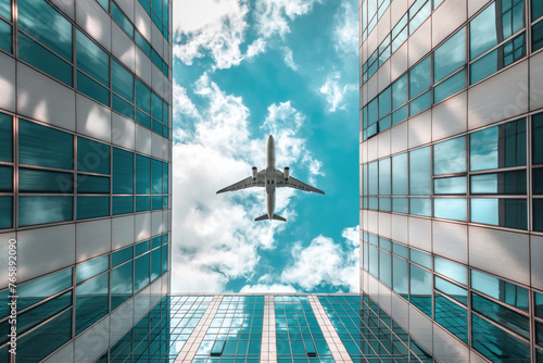 Jumbo jet cargo passenger plane flying over modern architecture glass reflection skyscraper AI Generative