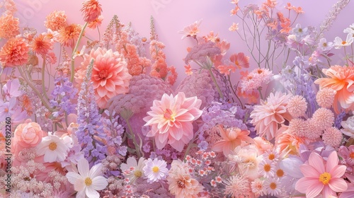  a bunch of flowers that are next to each other on a pink and purple background with a pink sky in the background.