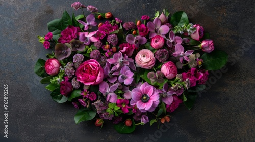  a heart - shaped arrangement of pink and purple flowers on a dark background with leaves and flowers in the center.