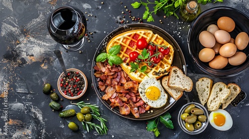  a plate of waffles, bacon, eggs, tomatoes, olives, bread, and olives.