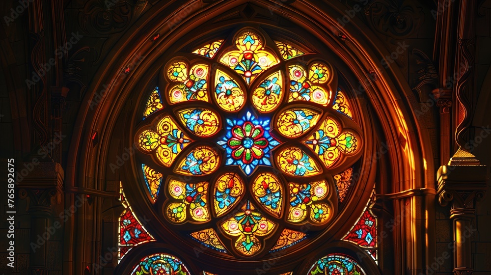 A UHD capture of an ornate stained glass window panel, with intricate patterns and vibrant colors illuminated by natural light against the solid background.