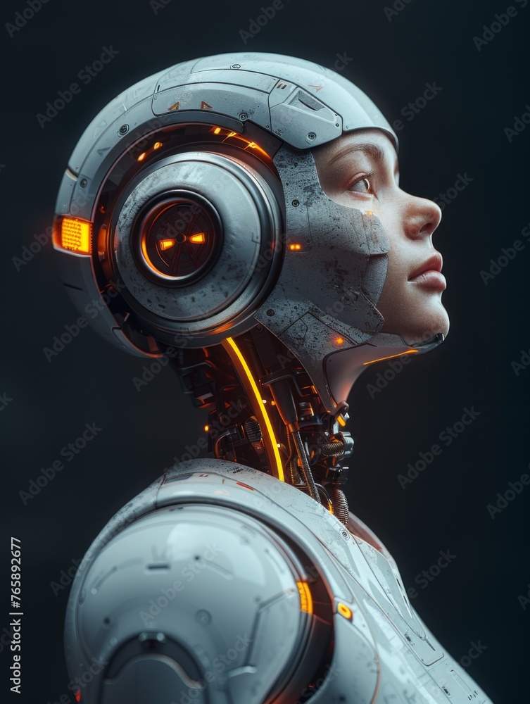 Modern robot looking up, generated with AI Modern robot looking up, generated with AI