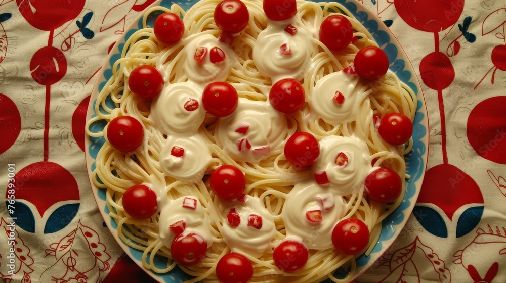 Fototapeta premium a plate of spaghetti with cherries and whipped cream on a red and white tablecloth with cherries on it.