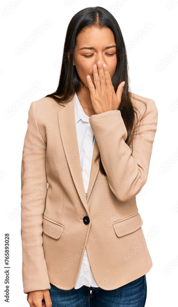 Beautiful hispanic woman wearing business jacket bored yawning tired covering mouth with hand. restless and sleepiness. Beautiful hispanic woman wearing business jacket bored yawning tired covering mouth with hand. restless and sleepiness.