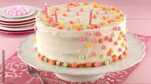  a birthday cake with white frosting and multicolored sprinkles on a plate with a fork.