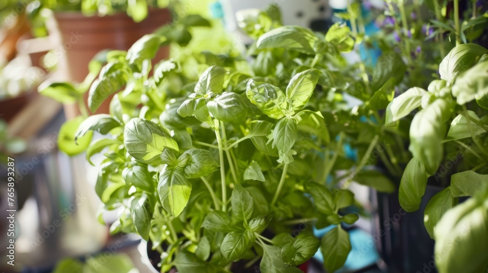 a bunch of green plants that are in a planter on a window sill in front of a potted plant. a bunch of green plants that are in a planter on a window sill in front of a potted plant.