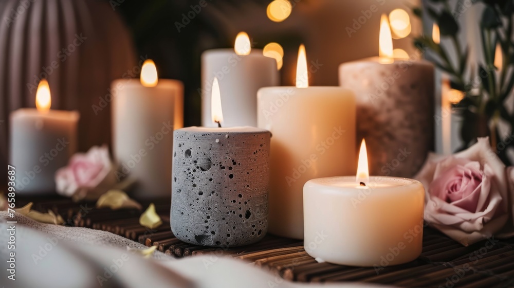 a group of lit candles sitting on top of a table next to a vase with flowers on top of it. a group of lit candles sitting on top of a table next to a vase with flowers on top of it.