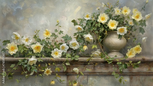  a painting of white and yellow flowers in a vase on a ledge with green leaves on the top of it.