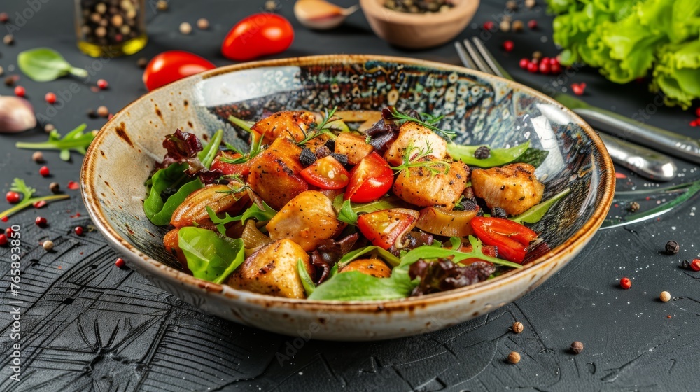 a close up of a bowl of food on a table next to a fork and a bowl of tomatoes and other vegetables. a close up of a bowl of food on a table next to a fork and a bowl of tomatoes and other vegetables.