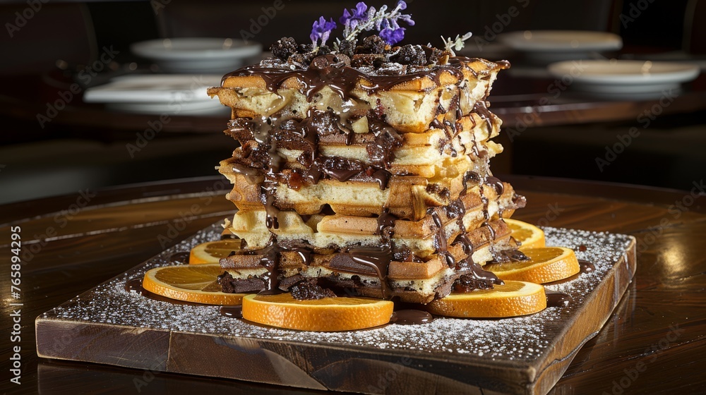  a stack of waffles with chocolate drizzled on top of them and sliced orange slices on the side.