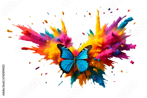 Multicolor butterfly with colorful holi paint powder explosion isolated on transparent background. Multicolored powder explosion in the shape of a butterfly. holi paint  powder explosion concept © Pixel_Studio_8