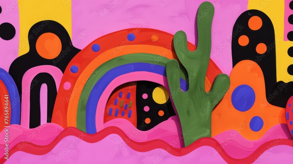  a painting of a cactus in front of a pink background with a rainbow in the center of the painting and a rainbow in the middle of the painting.