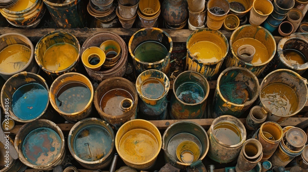 a pile of dirty pots sitting on top of a pile of wooden pallets filled with blue and yellow paint. a pile of dirty pots sitting on top of a pile of wooden pallets filled with blue and yellow paint.