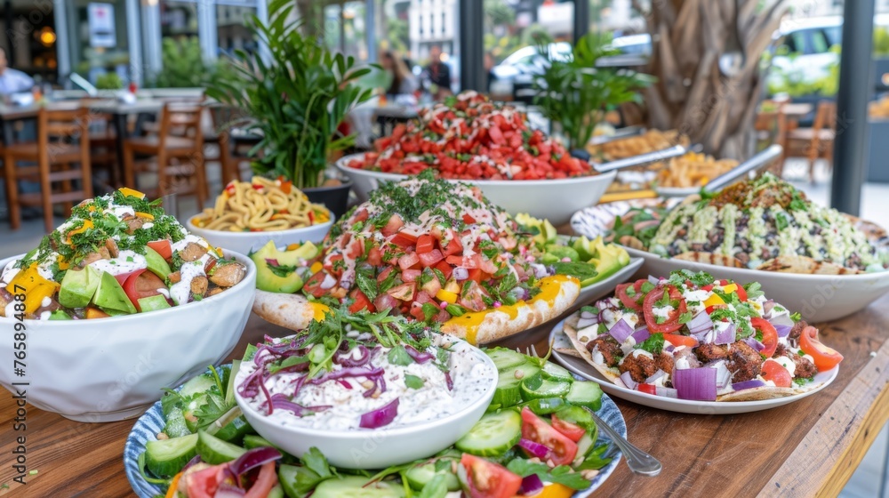  a wooden table topped with lots of bowls filled with different types of salads and salads on top of it.