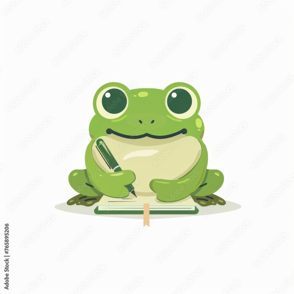 Fototapeta premium A cute green frog writing in a journal, illustration generated with AI