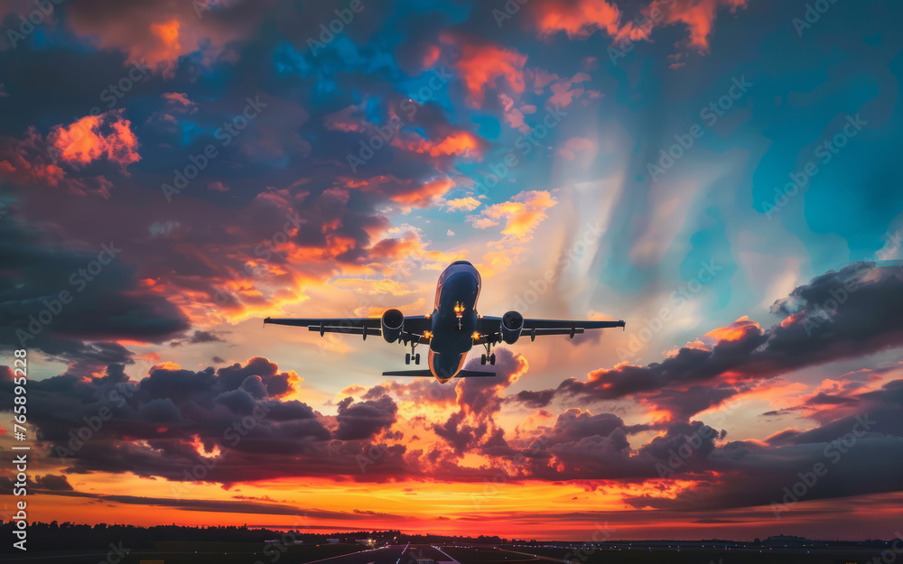 Passenger plane flying in a spectacular sunset. Jet airplane taking off or landing. - obrazy, fototapety, plakaty 