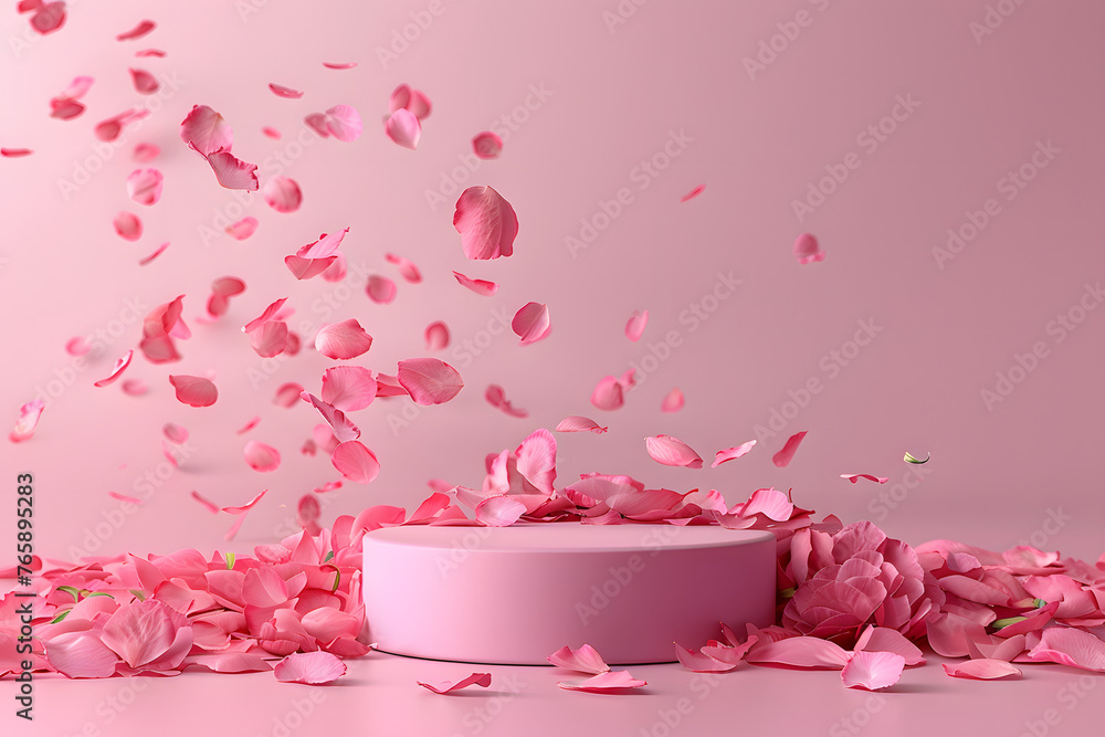 Pink product podium placement on solid background with rose petals falling. Luxury premium beauty, fashion, cosmetic and spa gift stand presentation. Valentine day present showcase.