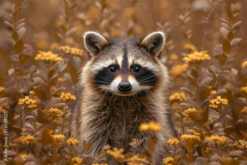 A curious raccoon peeking out from behind the bushes, generated with AI