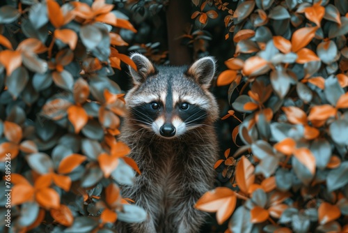 A curious raccoon peeking out from behind the bushes, generated with AI