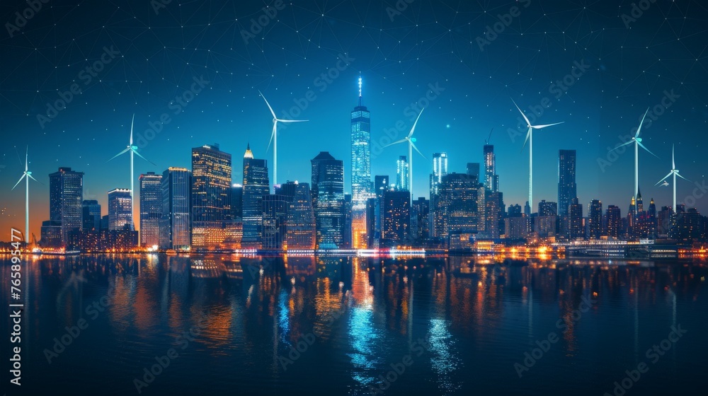 Naklejka premium new york skyline with turbine windmills between buildings, at night 
