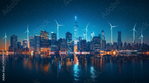 new york skyline with turbine windmills between buildings, at night 