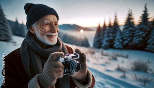 Elderly senyor joyful person man photographing. Active happy life in retirement. Hobby, forest, photography photo