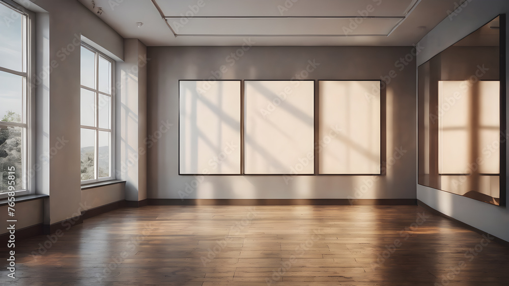 Fototapeta premium Artifical Intelligence generated image of interior with empty frame. Blank picture frame hanging on wall, AI generated image