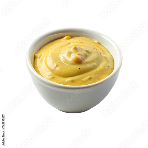 Mustard sauce in a bowl. Isolated on transparent background.
