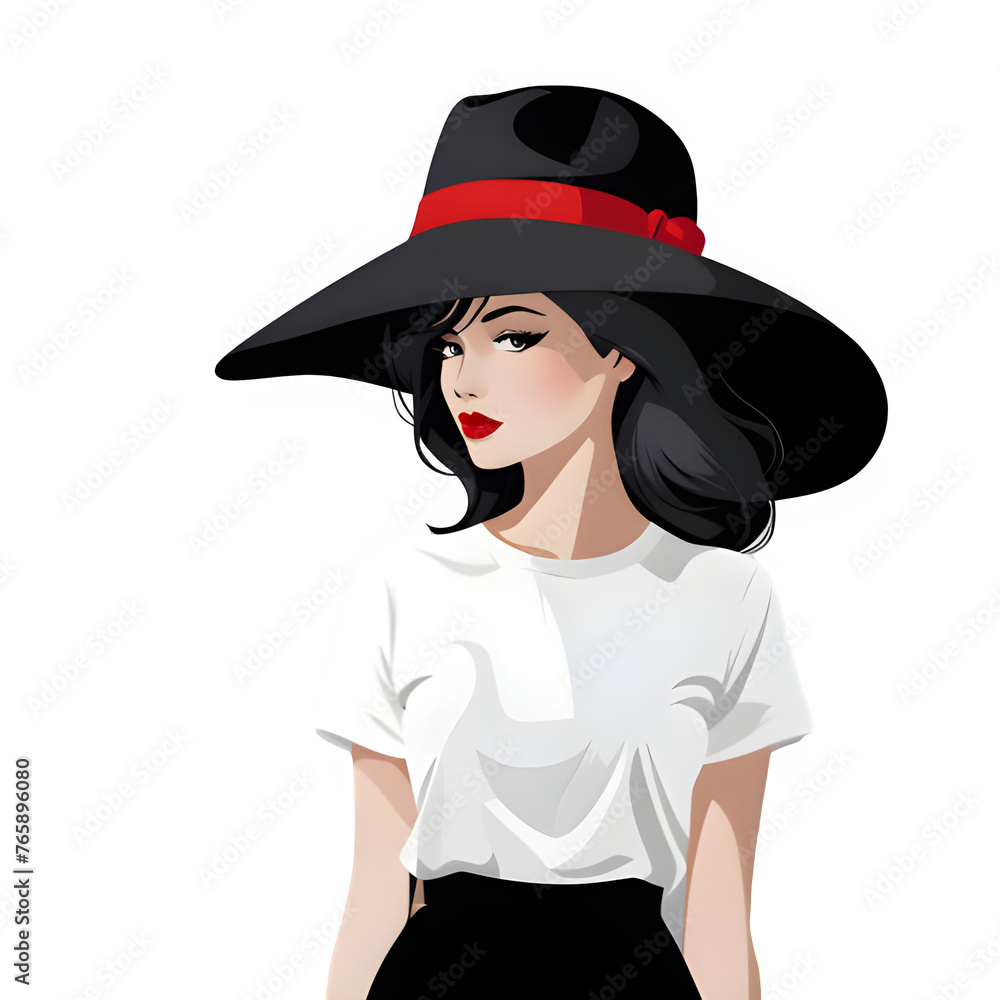 Simple illustration of beautiful woman wearing big hat, anime style, manga style Simple illustration of beautiful woman wearing big hat, anime style, manga style