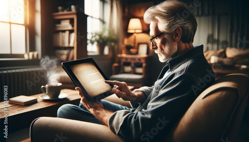 Elderly senior man uses technology. Active retirement, happy life, hobby, reading photo