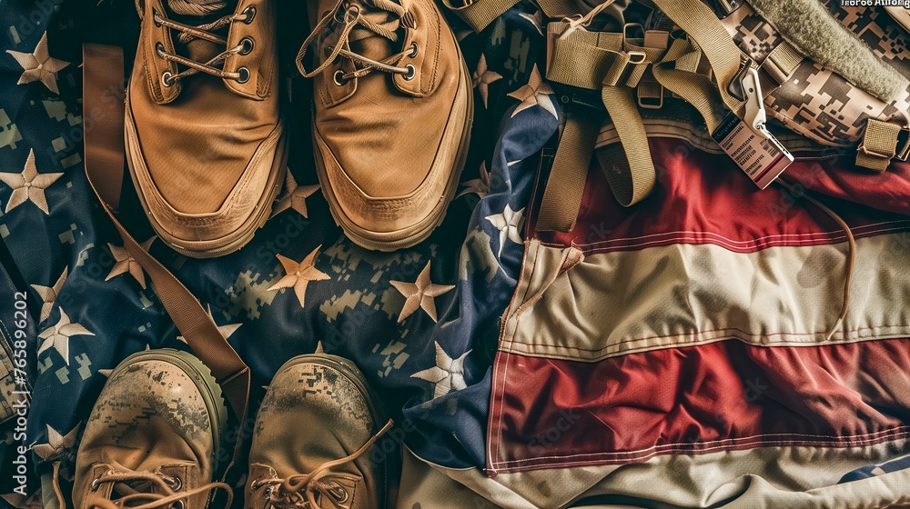 Memorial Day Tribute With Military Boots and Flag - obrazy, fototapety, plakaty 