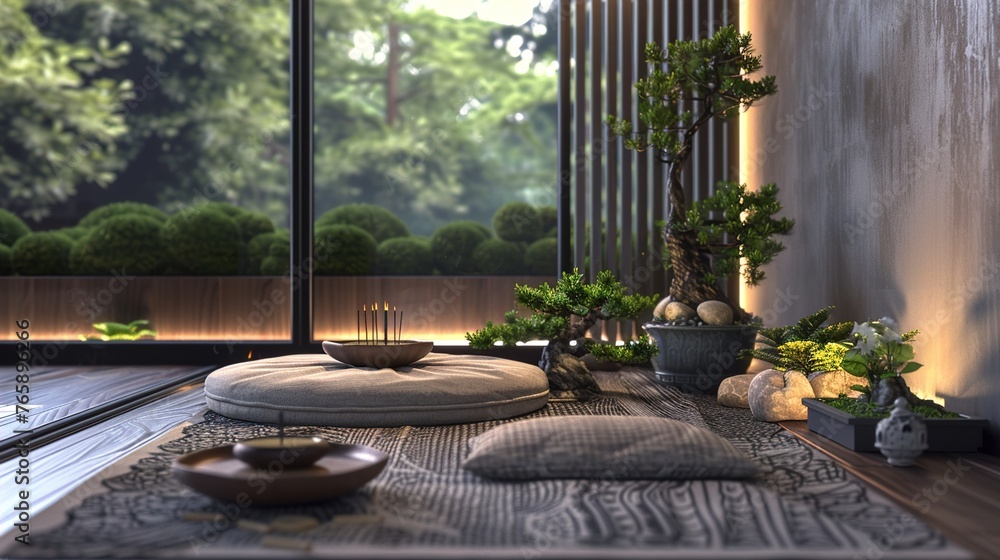 A UHD capture of a zen-inspired meditation corner with floor cushions, incense burners, and potted bonsai trees, providing a serene retreat for mindfulness and relaxation in a modern home setting.