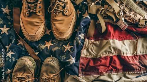 Memorial Day Tribute With Military Boots and Flag photo