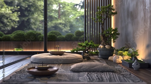 A UHD capture of a zen-inspired meditation corner with floor cushions  incense burners  and potted bonsai trees  providing a serene retreat for mindfulness and relaxation in a modern home setting.