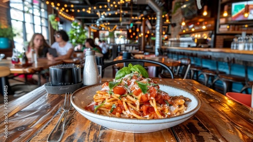  a plate of pasta with tomatoes and basil on a wooden table in a restaurant with people sitting at tables in the background.