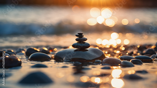 Bird and Balanced stones stack in water with reflection. AI generated image  ai. Balanced stones stack in water.