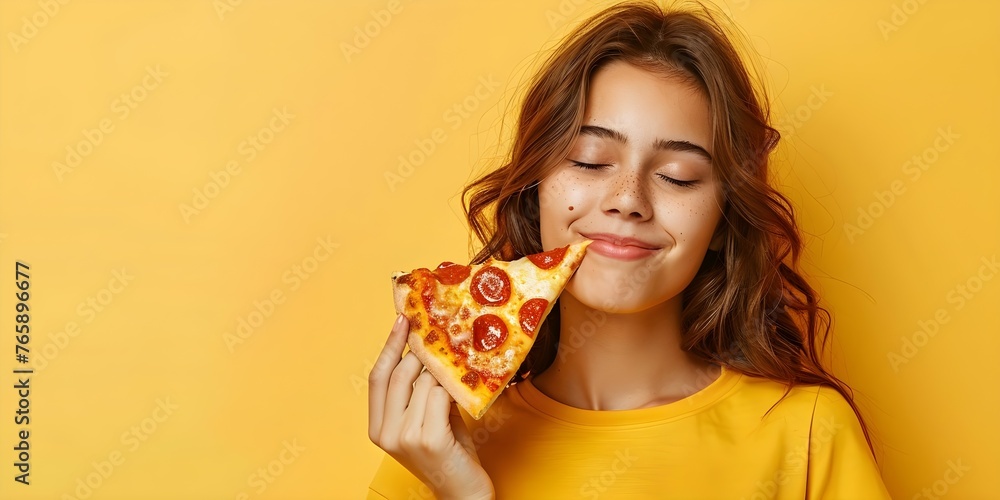 Savoring the Moment: Teenager Enjoying a Slice of Pizza with Eyes Closed on Yellow Background. Concept Pizza Lover, Teenager, Enjoyment, Yellow Background, Savoring Moments