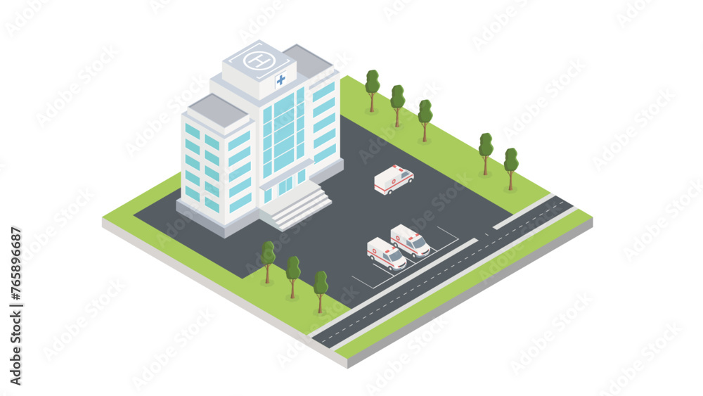 Vector isometric icon representing hospital building with ambulance vans.