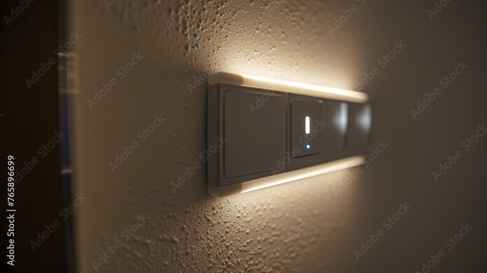 A UHD close-up of a contemporary wall-mounted light switch with sleek design and illuminated indicators, showcasing its modern functionality and aesthetic appeal against the neutral backdrop. A UHD close-up of a contemporary wall-mounted light switch with sleek design and illuminated indicators, showcasing its modern functionality and aesthetic appeal against the neutral backdrop.