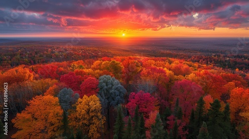 A sunset as seen from the top of a forest, we see the too of many different color trees, blue trees, red trees, orange trees, green trees, we see trees also in the foreground, generated with AI