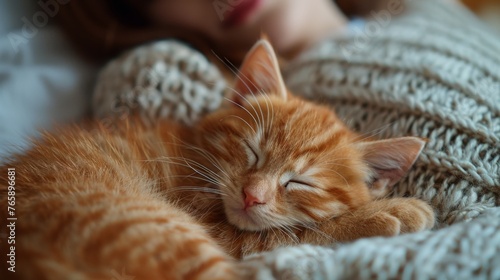 A small red kitten sleeps on a girl's lap, generated with AI