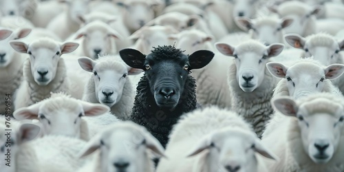 Closeup of black sheep among white flock symbolizing uniqueness and nonconformity within a group. Concept Conceptual Photography, Symbolic Imagery, Individuality, Uniqueness, Nonconformity photo