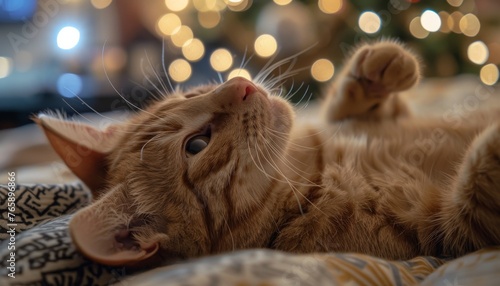 A real photo of a cheeky ginger cat lying on his back and looking up at the ceiling, in a cosy room, generated with AI photo