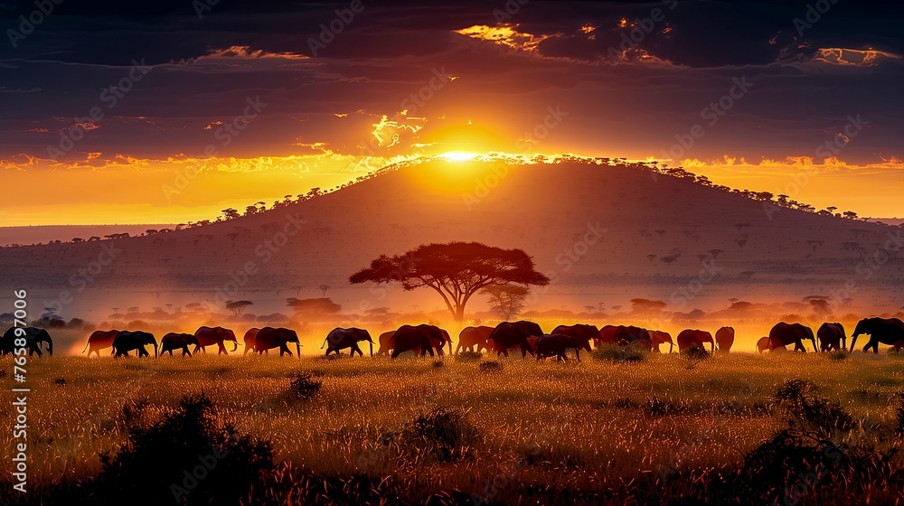 Herd Of Elephants Roaming The Savanna At Sunset