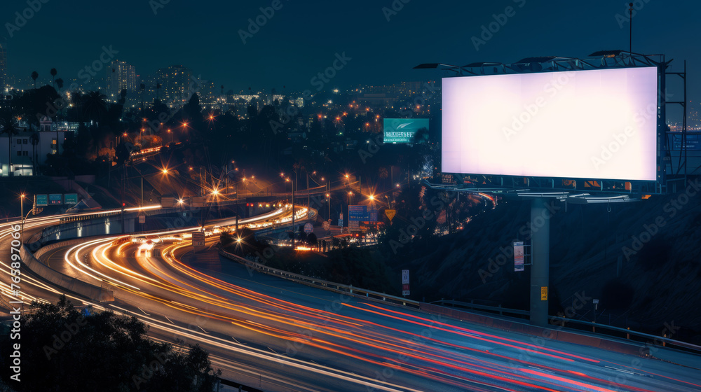 White Blank Illuminated Billboard on Busy Road at Night, Generative AI