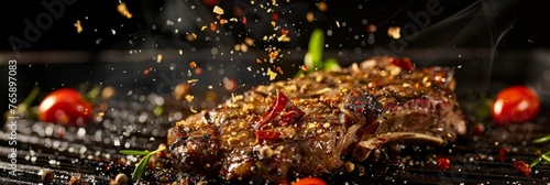 Beef ribs, delicious juicy beef ribs with spices and sauce close-up on a board on a dark background, banner