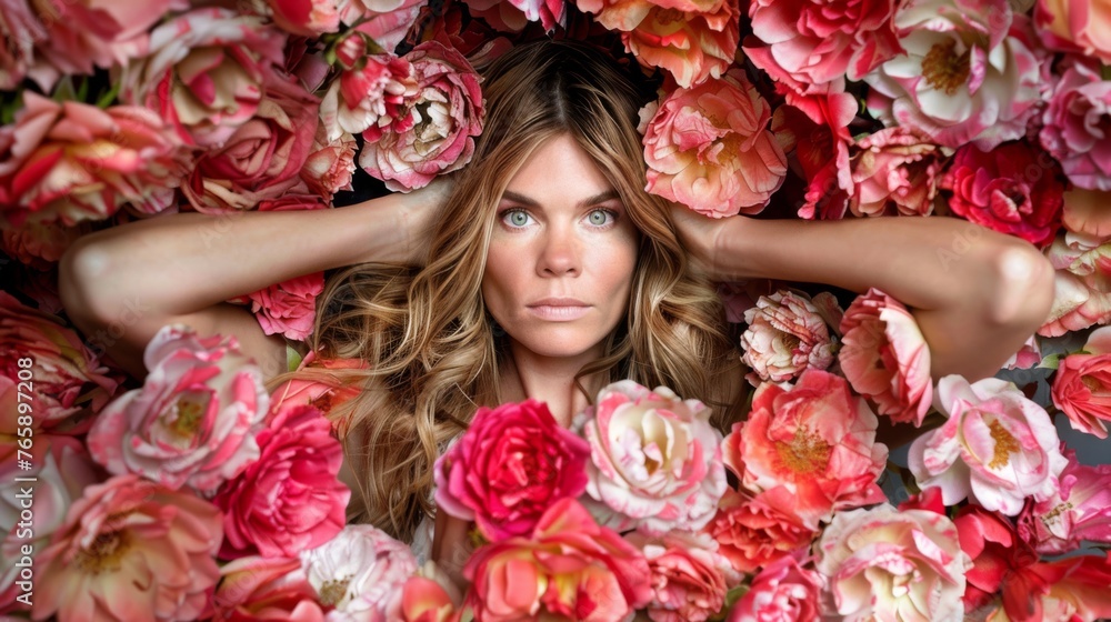 a woman surrounded by pink flowers with her hands on her head and arms behind her head, looking at the camera. a woman surrounded by pink flowers with her hands on her head and arms behind her head, looking at the camera.