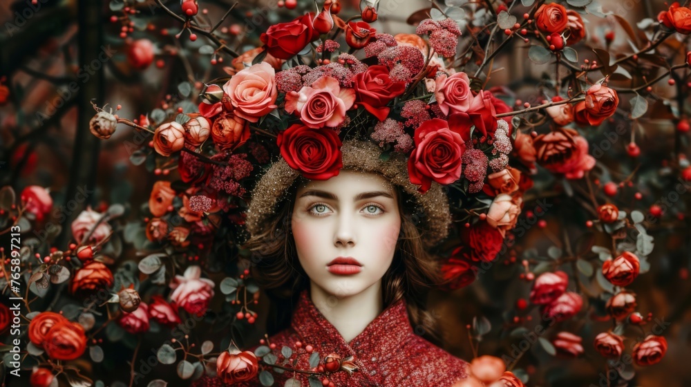 a statue of a woman with a wreath of roses on her head in front of a bush of red roses. a statue of a woman with a wreath of roses on her head in front of a bush of red roses.